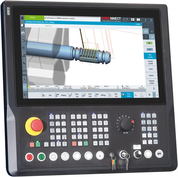 Control panel and monitor of the HYPERTURN 45 in conjunction with the SINUMERIK ONE CNC system.